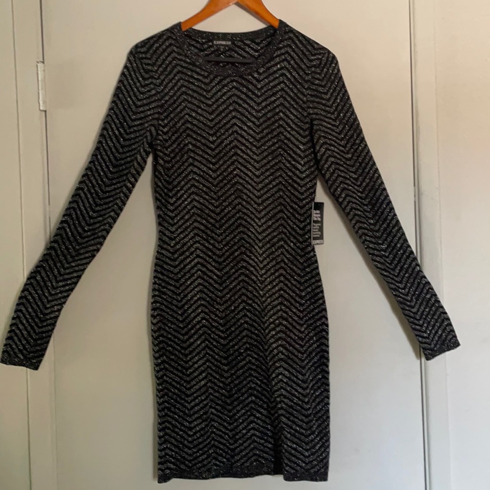 NWT Express Black & Metallic Silver Mini Dress - Picture 1 of 10